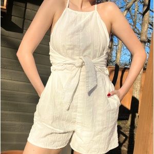 Anthropologie White Linen & Cotton Textured High-Neck Romper